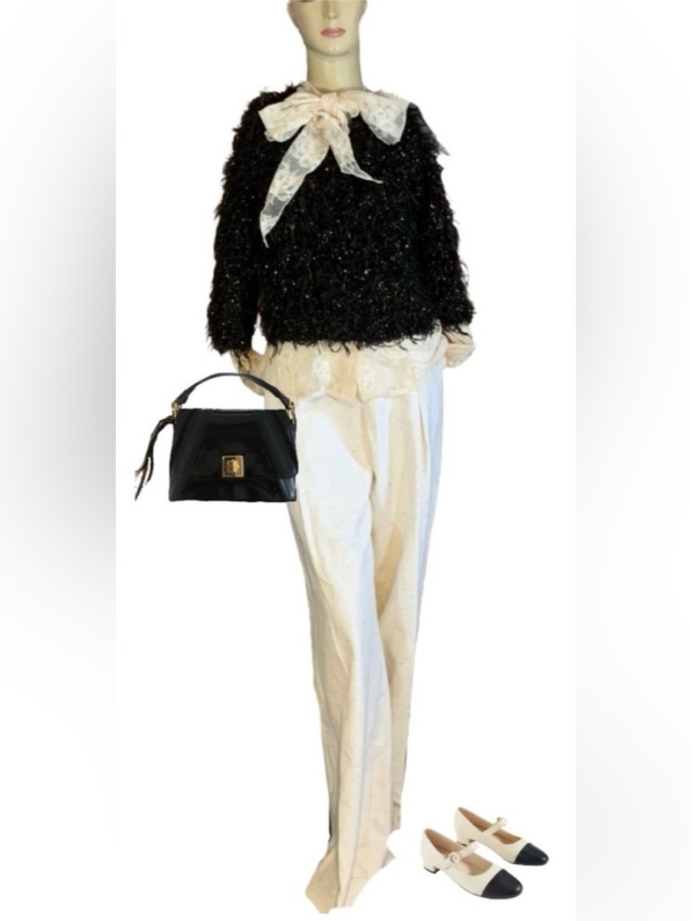 VINTAGE 1990'S GANTOS BLACK & GOLD EYELASH FRINGE CROPPED 3/4 SLEEVE SWEATER (S)